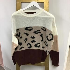 Color Blocked Sweater with Leopard Print